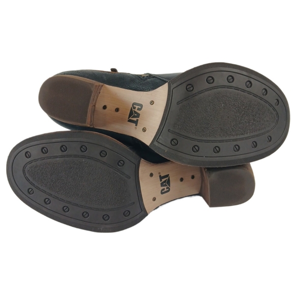 CAT Caterpillar 6.5 Black Brown Annette Ankle Boots Buckled Leather Booties Heel - Picture 14 of 15